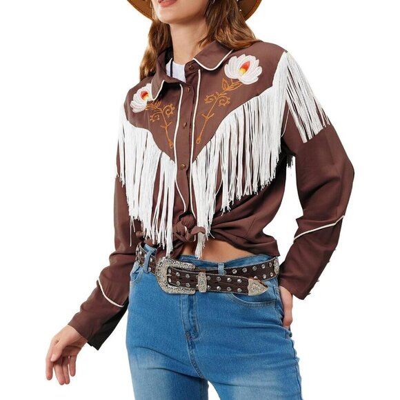 Tops - Women's Brown Floral Embroidered Fringe Western Rodeo Button Down Blouse Tops